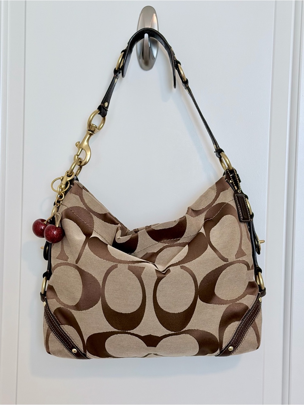 Vintage Coach Carly Slim Shoulder Bag Y2K Brown Signature Canvas Leather Trim